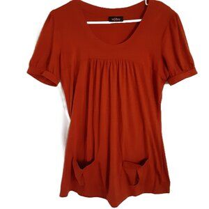 VTG Anxiety Blouse Sz XL Y2K Pullover Pockets Rust Colored Pleated Short Sleeve